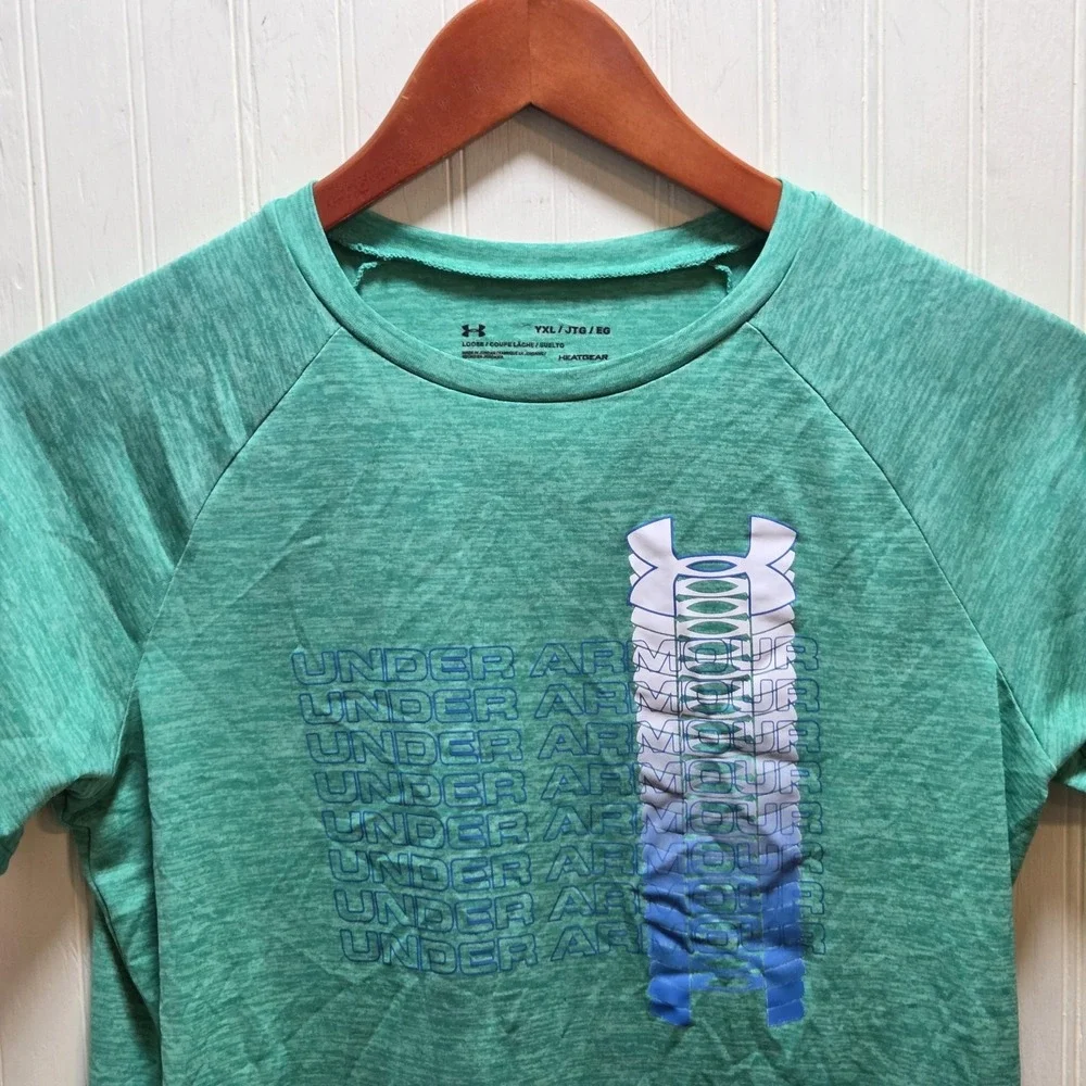 Under Armour Shirt Youth XL Green‎ HeatGear Loose Fit Graphic Short Sleeve Gym